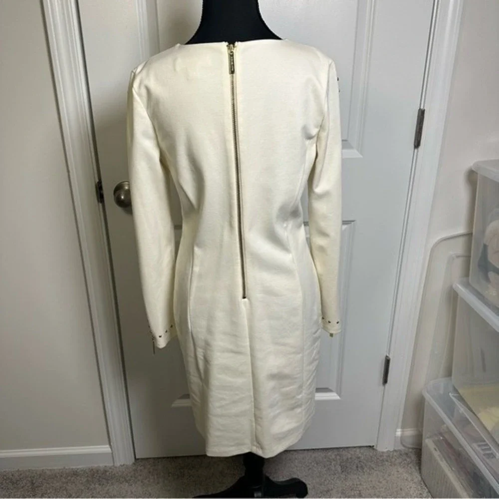 Michael‎ Kors Off White Studded Long Sleeve Zipper Sheath Dress Gold Hardware